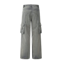 Gray cargo pants featuring a circular back detail, part of Washed Blue Cargo Jeans collection